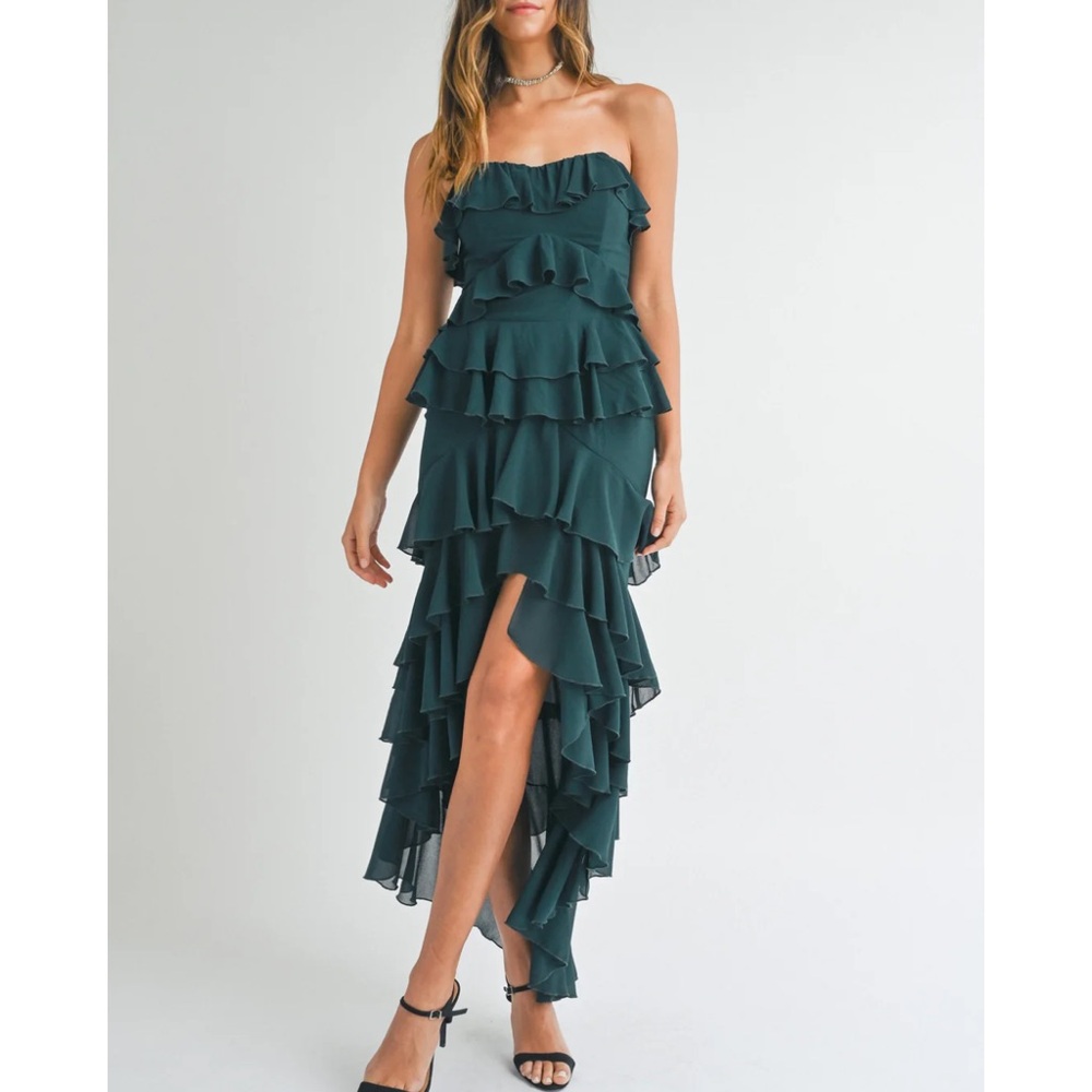 Green Strapless Ruffled Midi Gown